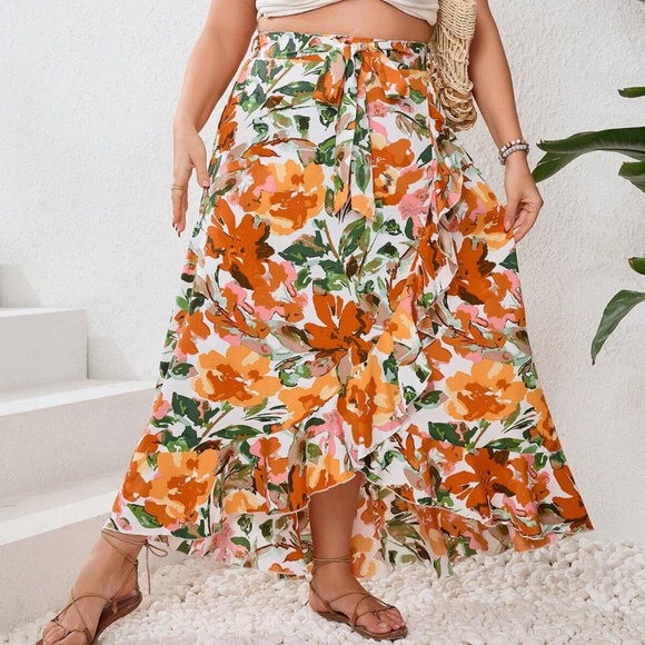 Plus Floral Print Ruffle Hem Wrap Maxi Skirt - Picture 2 of 5